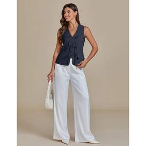 2025 Chaleco de lino sin mangas de verano informal de moda para mujer con corbata frontal y bolsillos chaleco tejido traje de longitud corta - Product Image 2