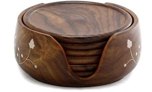 Wooden Lotus Coaster Set of 6 with Barrel Stand – Tea & Coffee <b>Table</b> Coasters (3.5 Inch), <b>Round</b> Drink Coasters with Holder - Product Image 3