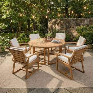 Scandinavian Teak Outdoor <b>Dining</b> Collection <b>Round</b> <b>Dining</b> <b>Table</b> and Lounge Arm Chairs - Product Image 1