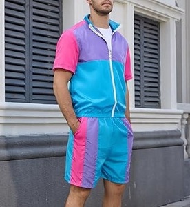Men's Color Blocking Tracksuit Short Sleeve <b>Zip</b>-<b>Up</b> <b>Jacket</b> and Shorts Windbreaker Set Breathable Summer Wear with Side Pocket - Product Image 5