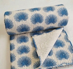 Traditional Cotton Kantha Quilt Hand Printed Blue Palm Pattern White Bedcover All Season Home Use - Product Image 1