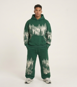 Ensemble sweat-shirt et pantalon de survêtement vert pour homme, imprimé forêt, deux pièces, tenue décontractée d'automne - Product Image 2