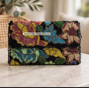 Handmade Beaded Floral Clutch Purse with Detachable Chain Lightweight Rectangular Embroidery for Wedding/Evening Events - Product Image 1