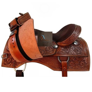 Western Tan Leather Floral And <b>Basket</b> Hand Tooled Barrel Racing Horse Saddle Metal Conchos Brown Suede Seat With Tack Set - Product Image 5
