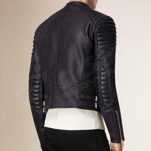 Mode col matelassé en peau d'agneau véritable manteaux de créateur personnalisés veste en cuir de moto pour hommes coupe ajustée avec poches - Product Image 4