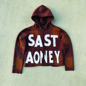 Sweat à capuche brodé avec patch pointu de détresse zippé personnalisé de haute qualité en gros \ sweat à capuche lavé à l'acide - Product Image 1