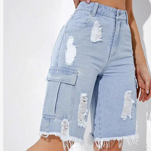 Shorts cargo en jean bleu clair taille haute avec ourlet effiloché et poches, shorts décontractés pour femmes, shorts streetwear d'été - Product Image 5
