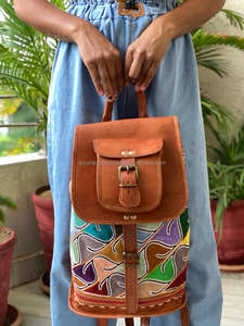 Mochila De cuero de cabra auténtico Unisex, morral de alta calidad hecho a mano con bordado Vintage, Multicolor - Product Image 2