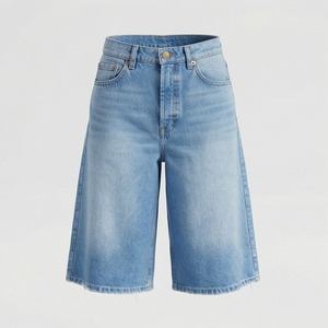 Shorts en jean droits élégants pour femme, taille mi-haute, délavage clair, style décontracté estival, couleur personnalisable, respirant, 100 % coton - Product Image 1