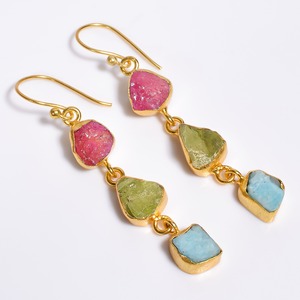 Excellent Three Stone Fancy Shape Ruby Green Kyanite Gemstone Brass <b>Earrings</b>, Indian <b>Gold</b> Plated Brass Jewelry - Product Image 2