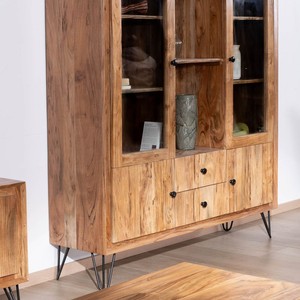 Vandana Urban Space acacia wood <b>sideboard</b> with metal legs, Wendy style, featuring embossed fronts and glass doors - Product Image 6