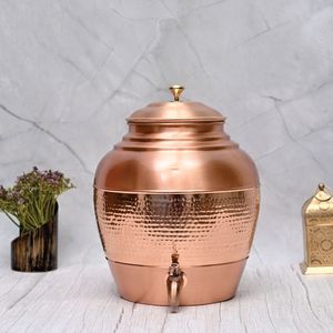 Large Hammered Copper Water <b>Dispenser</b> with Tap Storage Container Ayurvedic <b>Drinking</b> Pot for Home Kitchen and Hotel Use - Product Image 5