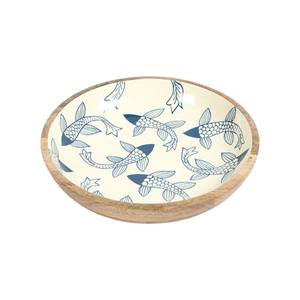 Bol en bois élégant et minimaliste avec illustration de poisson bleu et intérieur émaillé pour un style de cuisine moderne - Product Image 1
