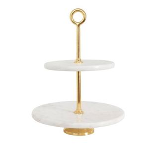Soporte de pastel de mármol blanco de 2 niveles con varilla de metal dorada, elegante soporte de exhibición de repostería para mesa de fiesta. - Product Image 1