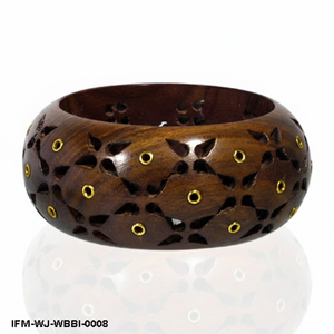 กำไลข้อมือไม้สีเข้มทำมือ พร้อมลวดลายฉลุดอกไม้และงานฝังทองเหลืองขัดเงา สไตล์โบฮีเมียน - Product Image 5