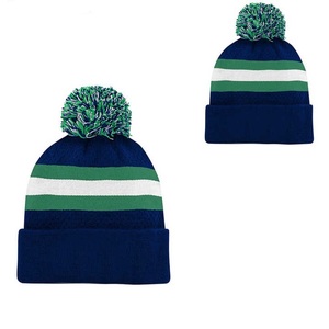 Unisex Striped Beanie Hat with Pom Pom 100% Acrylic Knitted <b>Winter</b> <b>Cap</b> for Adults Casual Style Blue Green White Stripes - Product Image 2