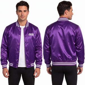 Veste en satin or champagne avec fermeture à boutons-pression, offrant une brillance soyeuse, col et poignets rayés blancs, et possibilité de commande en gros personnalisée (OEM). - Product Image 2
