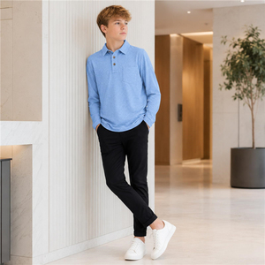 Polo à manches longues bleu clair pour garçons, en coton tricoté, uniforme scolaire, vêtements décontractés pour tous les jours, polos de golf pour enfants - Product Image 2