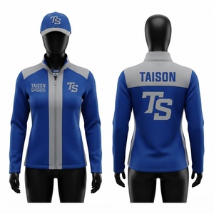 เสื้อแจ็คเก็ตฝึกซ้อมอเมริกันฟุตบอลสำหรับผู้หญิง พรีเมียม 250 GSM โพลีเอสเตอร์อินเตอร์ล็อค สีน้ำเงินเทา แต่งแผง พร้อมปักโลโก้ทีม ชุดกีฬา - Product Image 1