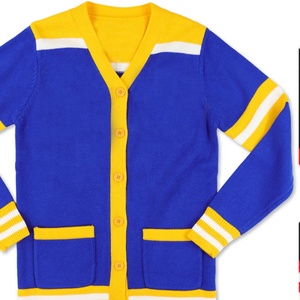 Cárdigan de punto azul y amarillo para mujer, marca Sorority OEM, con cuello en V, manga larga, informal, con bolsillos y botones. - Product Image 3