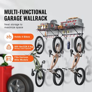 Portabici da Parete per 4 Biciclette, Organizzatore Personalizzabile per Casa e Garage con 2 Ripiani, Gancio per Bici - Product Image 2