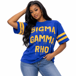 Sigma Gamma Rho Boxy Drip Tee <b>Women</b> Blue Gold Oversized <b>T</b> <b>Shirt</b> Greek Sorority Graphic Casual Streetwear Style - Product Image 1