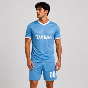 Maillot de football bleu clair pour homme, col en V, manches courtes, imprimé par transfert thermique, personnalisable avec le nom de l'équipe, polyester respirant - Product Image 4