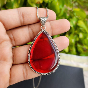 Large Red Onyx Teardrop Pendant <b>Necklace</b> Brass Ornate Vintage <b>Boho</b> Ethnic Statement Jewelry Gift for Women - Product Image 1
