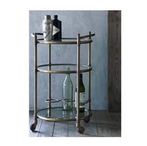 Round Brass Bar Cart with Glass <b>Shelves</b> and Wheels Industrial Style Furniture Decoration for Living Room Indoor Use - Product Image 1