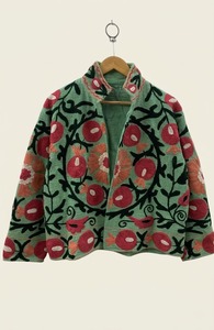 Blouson vert brodé à la main à motifs floraux pour femme, col montant ouvert, veste en coton à séchage rapide, style bohème printanier, manches longues TNT - Product Image 4