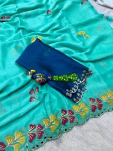 Sari indien ethnique en soie douce brodée Rangoli, motif floral, travail lourd, orné de miroirs, pour les fêtes, avec chemisier de créateur - Product Image 4