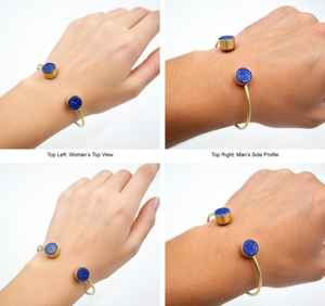 Blue Freshwater Pearl Open <b>Cuff</b> Bangle | Gold Plated Double Stone <b>Bracelet</b> | Vintage IGI Certified Wholesale Jewelry HARI OM - Product Image 2