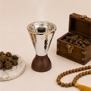 Quemador de incienso árabe Bakhoor de metal martillado Mabkhara con base de madera de nogal, soporte cónico para incienso Oud, incensario para decoración del hogar en Ramadán - Product Image 4