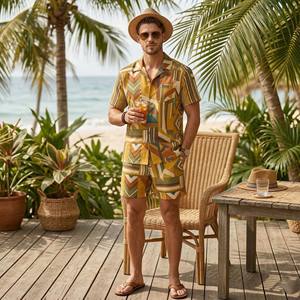 Ensemble de tenue 2 pièces de style bohème pour hommes, impression par sublimation personnalisée, chemise à manches courtes boutonnée et short à cordon de serrage - Product Image 1