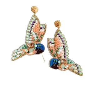 Quirky bird Designer Beaded Earrings for Women Patriotic <b>Memorial</b> Day Orange White Blue Colour Fabric Material - Product Image 1