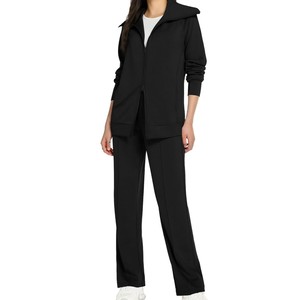 Ensemble de survêtement bordeaux pour femme, couleur unie, manches longues, fermeture éclair, coupe décontractée, respirant, 100 % polyester, idéal pour l'automne - Product Image 2
