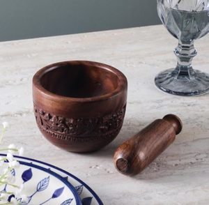 Ensemble mortier et pilon en bois d'acacia avec gravure Nakashi, ustensiles de cuisine traditionnels Khalbatta Okhli Musal Imam Dasta - Product Image 2