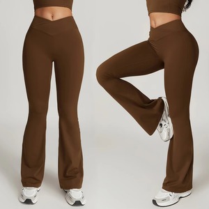 Pantalon large à taille croisée pour femme, extensible dans les 4 sens, idéal pour le yoga, avec étiquette personnalisée, leggings évasés en gros - Product Image 1