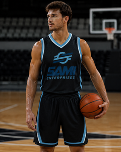 Ensemble de maillots de basketball SAMI ENTERPRISES, uniforme en mesh sublimé noir et bleu, col en V, sans manches, taille élastique, tenue d'équipe personnalisée pour - Product Image 6