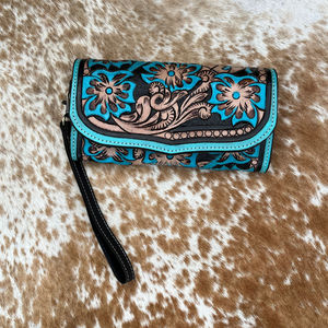 Cowgirl moda mano Tooled cuero turquesa flor cartera alta calidad cuero genuino mujeres tarjeta de crédito y teléfono mujer cartera - Product Image 2