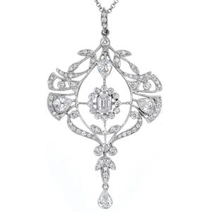 Vintage Platinum Diamond <b>Pendant</b> Necklace <b>Emerald</b> Cut Center Plant Design Rhodium Plated Women Wedding Jewelry - Product Image 1