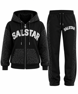 <b>Women</b> Black Rhinestone Hoodie <b>Tracksuit</b> Set Custom Logo Embroidered Rhinestone <b>Velour</b> Sweatshirt & Jogger 2 Piece <b>Tracksuit</b> Set - Product Image 1