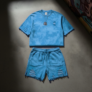 Custom Made Acid Washed Distressed Tshirts Oversized Blank 100 Cotton t Shirt and Shorts Set Men - Product Image 5