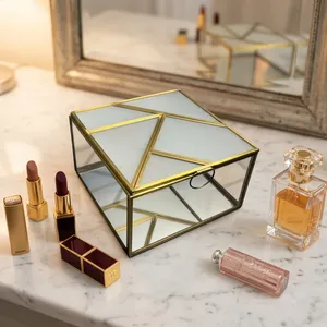 ARTISAN DESIGN Luxury Brass Glass Jewelry <b>Box</b> Geometric Glass Storage <b>Box</b> Decorative <b>Trinket</b> <b>Box</b> Vanity Organizer Wedding - Product Image 1