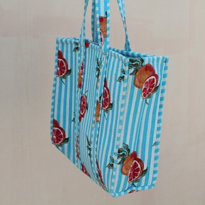 Premium Blue Striped Quilted Cotton Tote <b>Bag</b> Citrus Print Medium Size <b>Long</b> <b>Shoulder</b> <b>Strap</b> Reusable Eco-Friendly Shopping - Product Image 2
