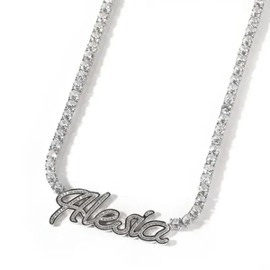 Alesia <b>Name</b> Pendant <b>Necklace</b> Rhodium Plated Cubic Zirconia Box Chain Classic Style For Unisex Jewelry - Product Image 1