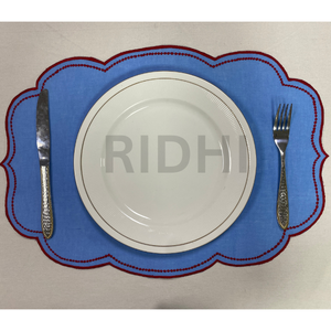 <b>Blue</b> Linen <b>Placemat</b> With Scalloped Red Embroidered Edge Table Mats for Dining, Modern Tableware, Reusable Elegant Kitchen Decor - Product Image 6