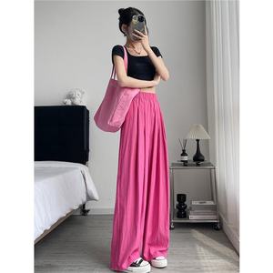 Pantalon large taille haute pour femme, couleur unie, en coton, coupe ample, décontracté, été, taille élastique, rose - Product Image 2