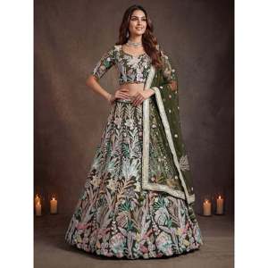 Adorning Green <b>Sequins</b> Net Reception Wear Lehenga Choli with Dupatta - Product Image 1