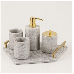 Ensemble d'accessoires de salle de bain en marbre gris vintage, distributeur de savon moderne en marbre, porte-brosse à dents et plateau de toilette avec poignées dorées - Product Image 3